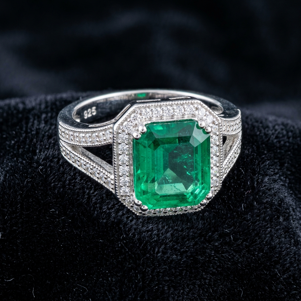 Silver Emerald Solitaire Statement Ring