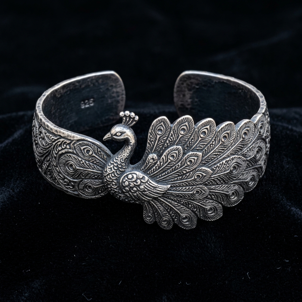 Oxidized Silver Peacock Open Cuff