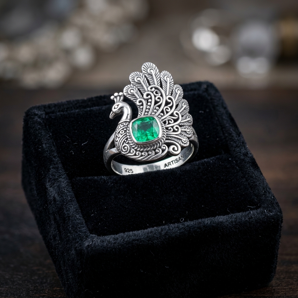 Pure Silver Peacock Gemstone Ring